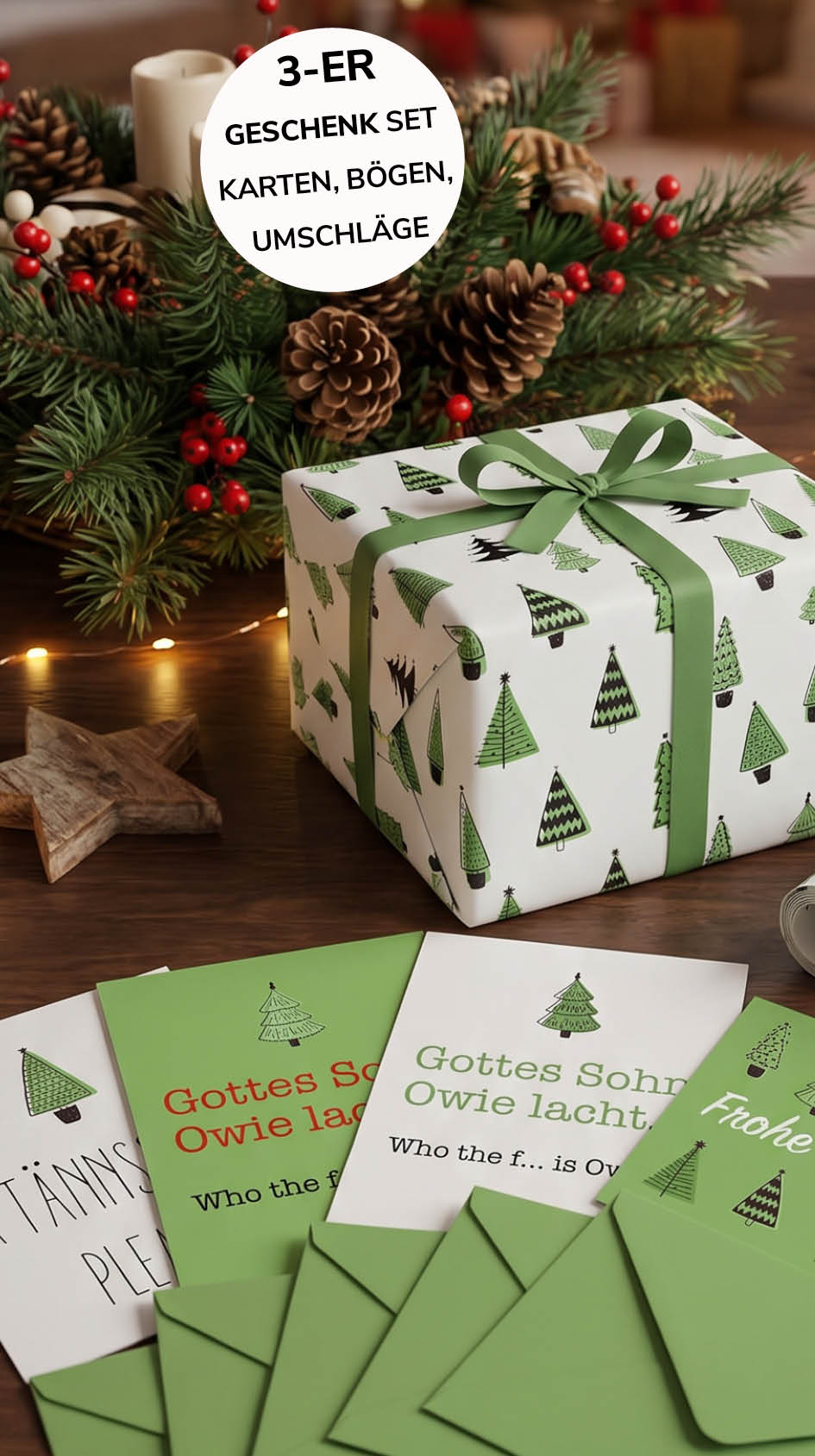 Liebevolles Geschenkpapier Weihnachten 3er Set Tannenbaum, Geschenkverpackung DIN A2, Weihnachtskarten inkl. Umschlägen